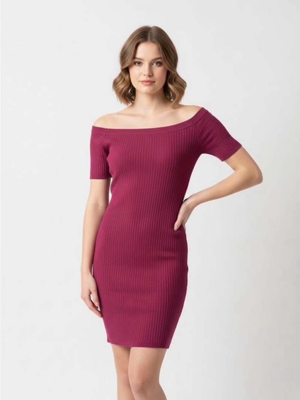 Ribbed Off-Shoulder Bodycon Dress in Berry